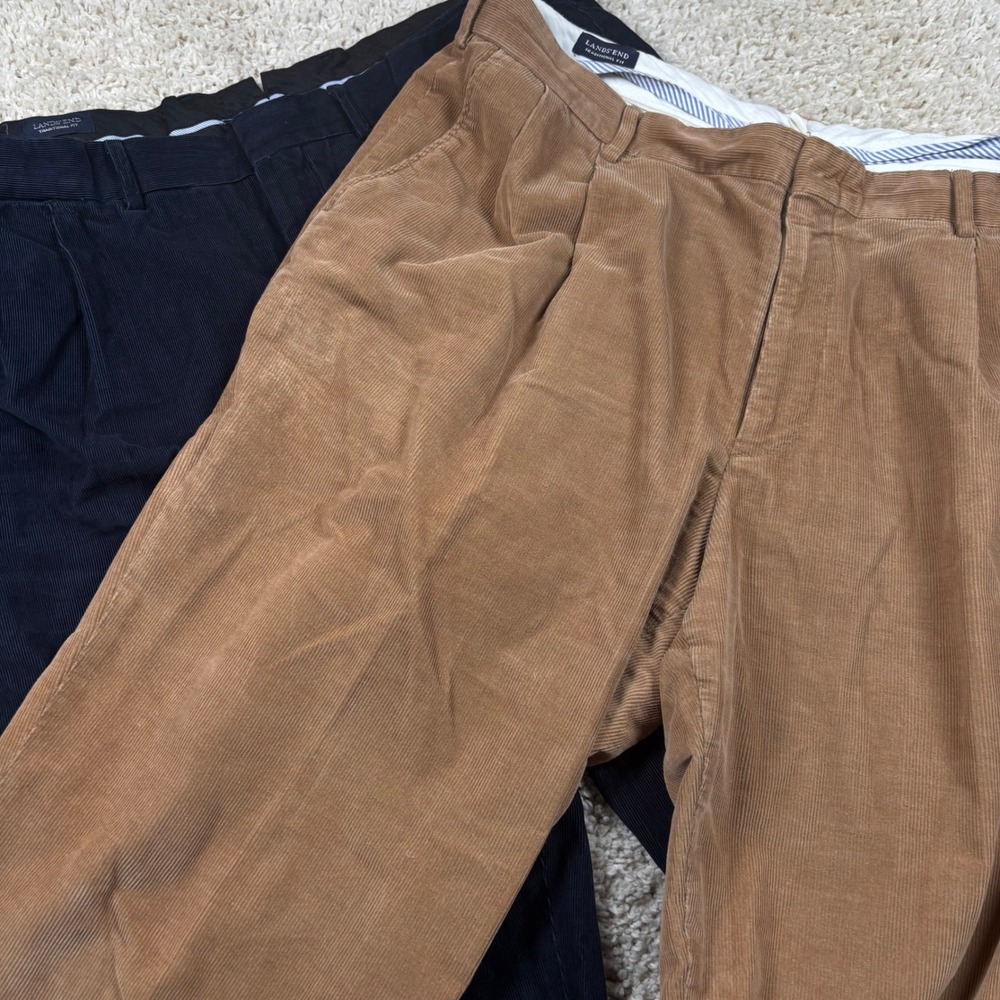 Lands End Corduroy Trousers Mens 40 Brown/Navy Blue Pleated Bundle 417671